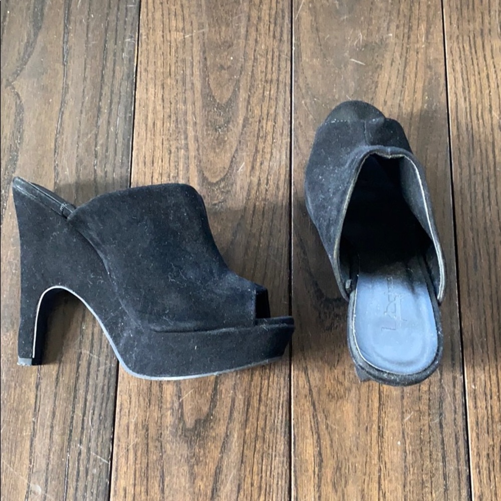 Black suede peep toe heels